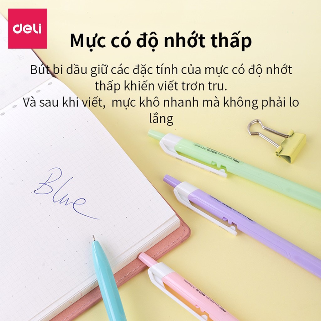 Combo 10 Bút bi bấm Deli EQ03336 ngòi 0.7mm - Mực xanh