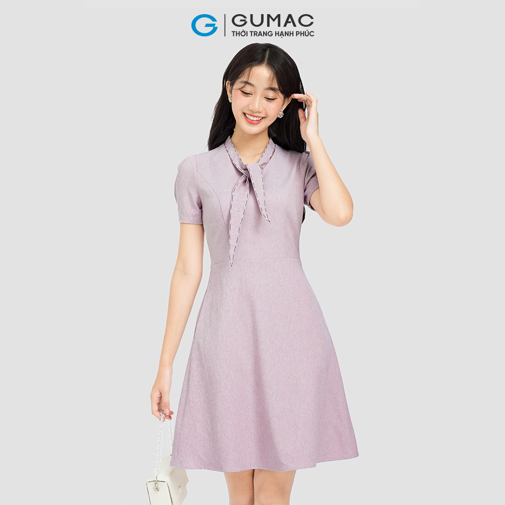 Đầm phối chỉ thắt nơ GUMAC DC08038 form A màu tím