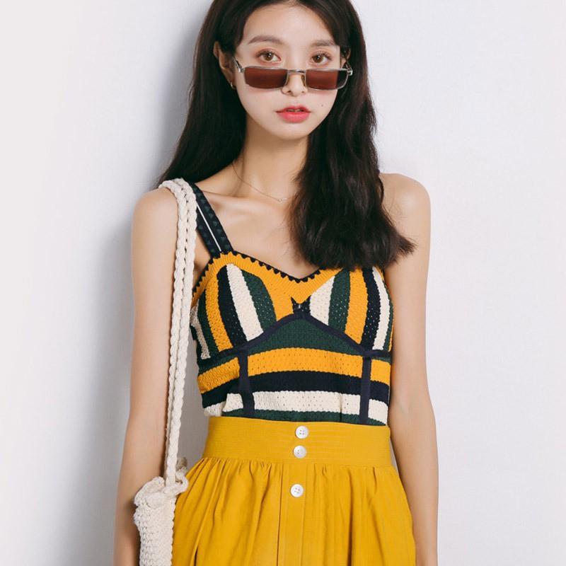 Áo dệt kim cộc tay cổ chữ V họa tiết kẻ sọc thời trang nữ