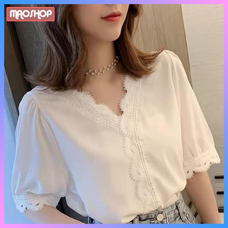 Áo kiểu nữ màu trắng cổ phối ren độc đáo tay lỡ, Áo nữ kiểu sơ mi ulzzang C12 - Maoshop