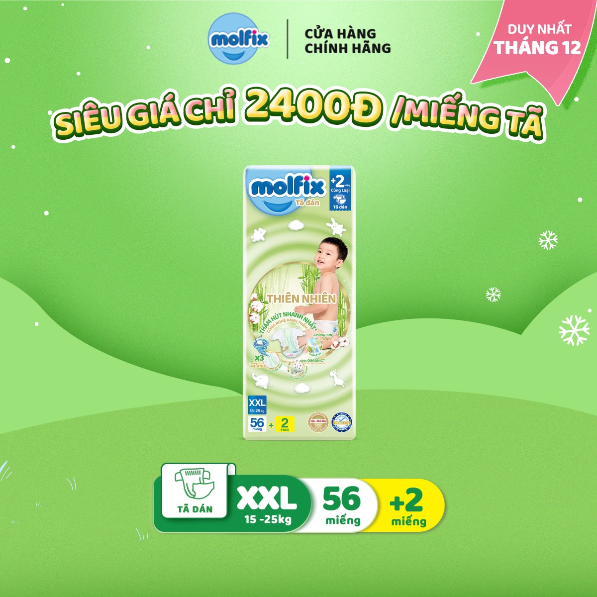 Tã/bỉm dán Molfix Thiên nhiên Super Jumbo XXL - Gói 56+2 miếng