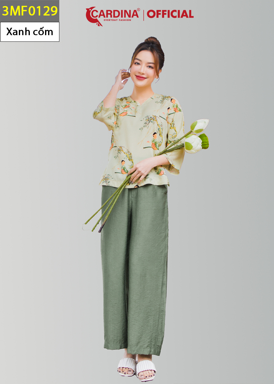 Đồ Bộ Nữ CARDINA Cao Cấp Bộ Đi Chùa Áo Lụa Mango Họa Tiết Cổ Tàu Tay Lỡ Quần Dài Chất Đũi Bamboo 3MF01