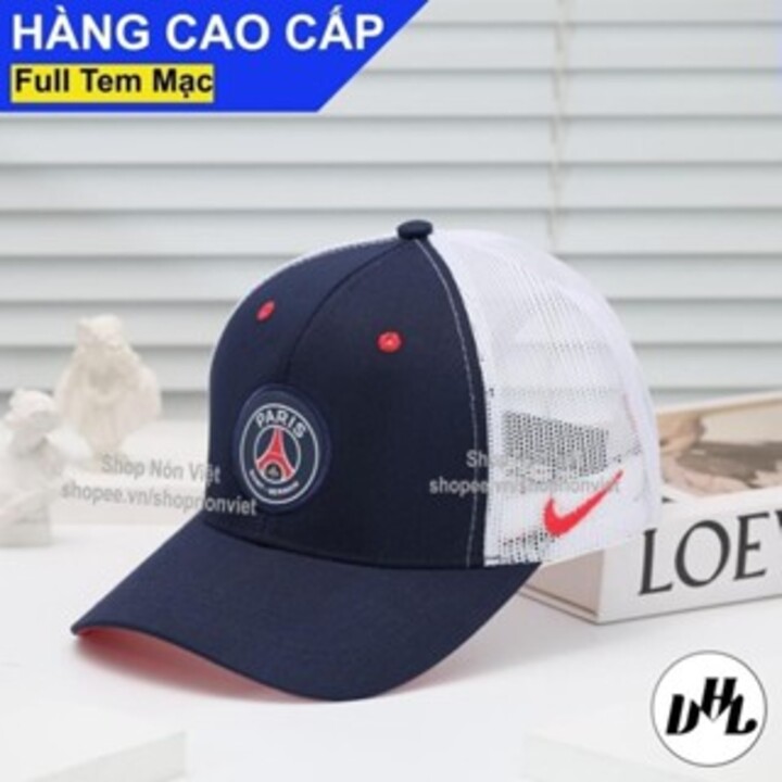 Mũ Lưỡi Trai Nón Kết PSC Logo Tròn Mặt Dưới Kết Đỏ Vải Cotton Xanh Đen Phối Lưới Trắng Thoáng Mát Form Đứng
