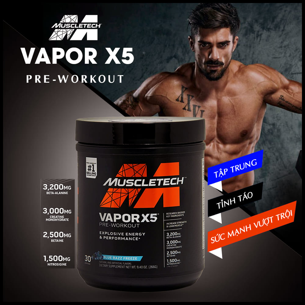 Thực phẩm bổ sung Pre-Workout Vapor X5 của MuscleTech - Nhãn đen mới mạnh mẽ - Hỗ trợ tăng sức mạnh, sức bền, tăng sự tập trung tỉnh táo cho người tập luyện thể hình và thể thao – 30 lần dùng