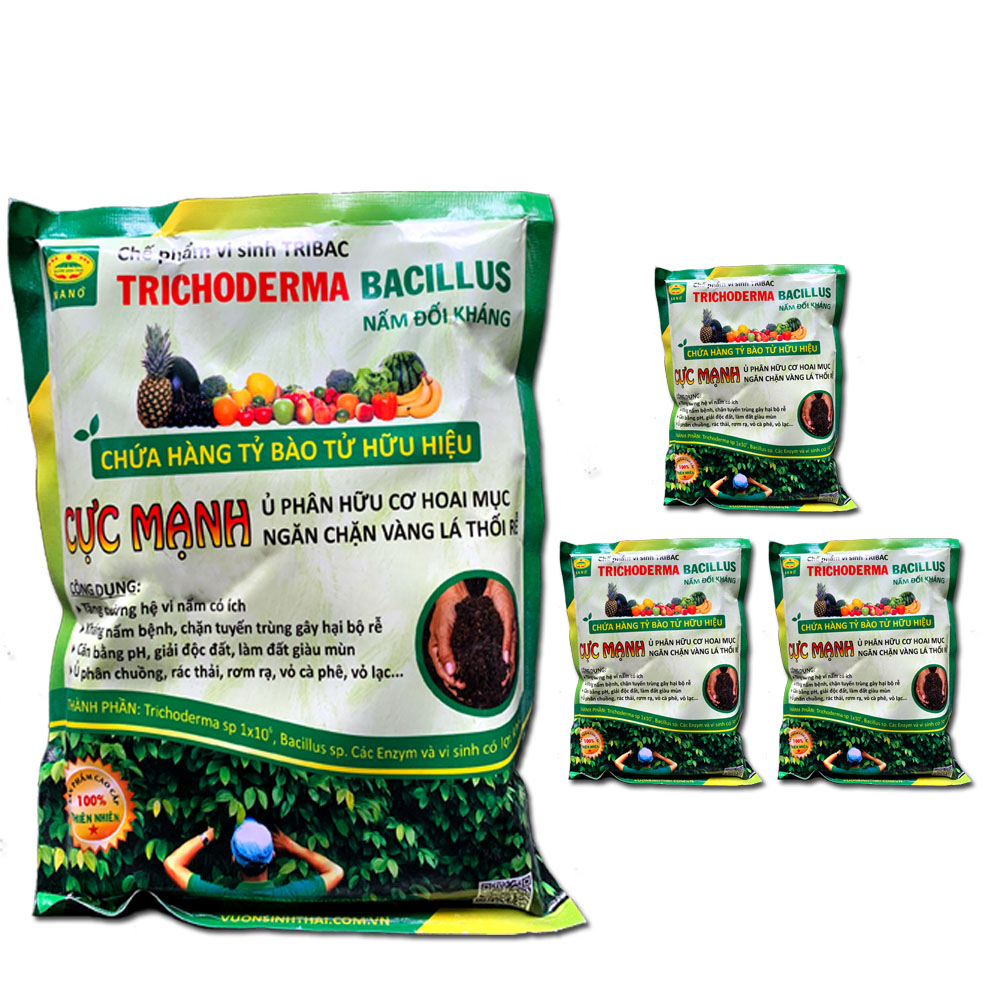 4 gói Chế phẩm vi sinh Trichoderma TRIBAC . Ủ phân cá, rác hữu cơ hoai mục không mùi hôi. Nấm đối kháng cực mạnh. Ngăn chặn tuyến trùng, nấm bệnh gây vàng lá thối rễ. HSD: 2 năm