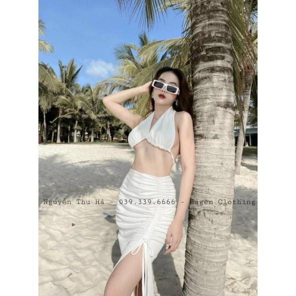 Set áo cổ yếm chân váy xẻ tà