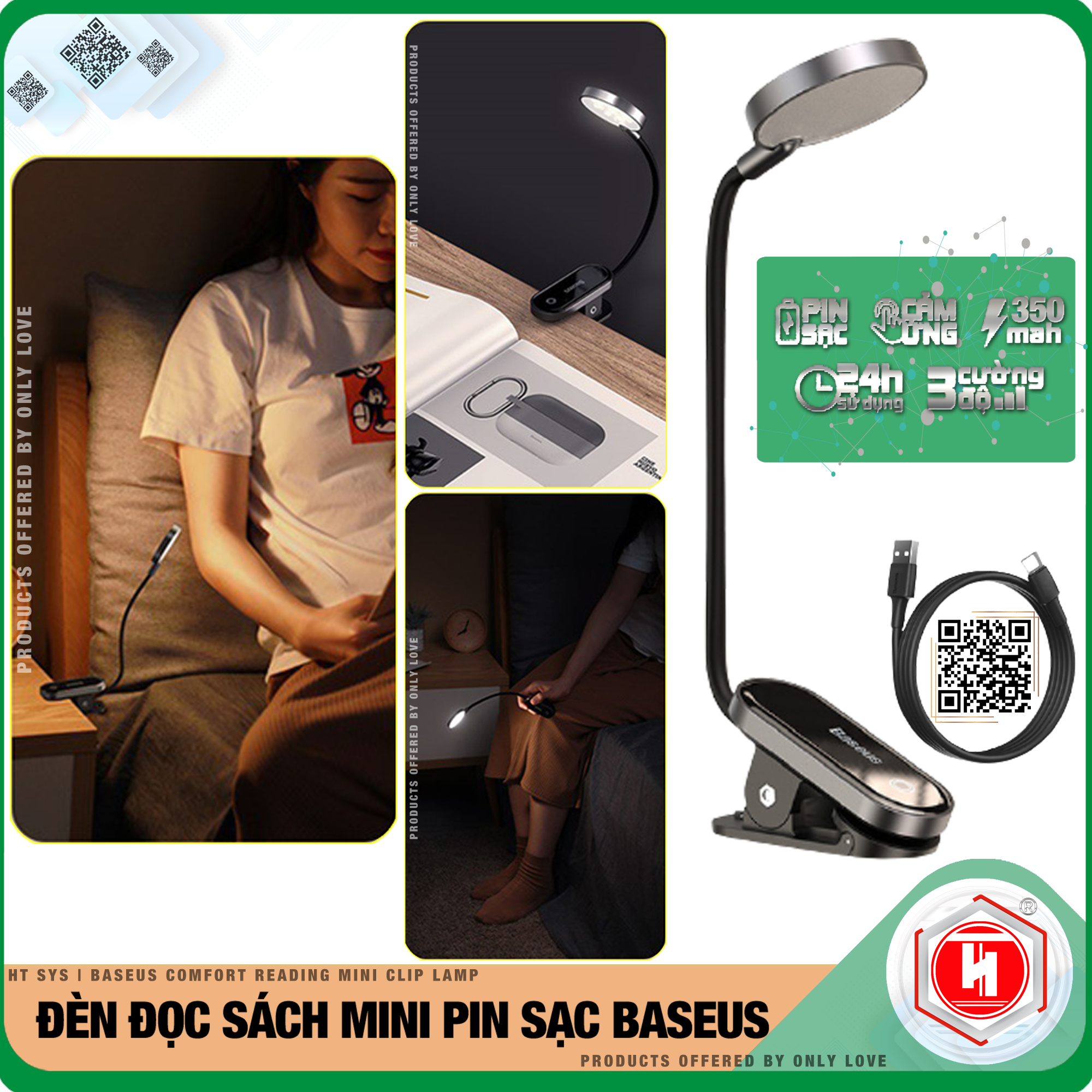 Đèn đọc sách mini Baseus Comfort Reading Mini Clip Lamp - Pin sạc 350mAh  - Chân đế kẹp - 03 Cường độ sáng - 24H sử dụng - Hàng Nhập Khẩu