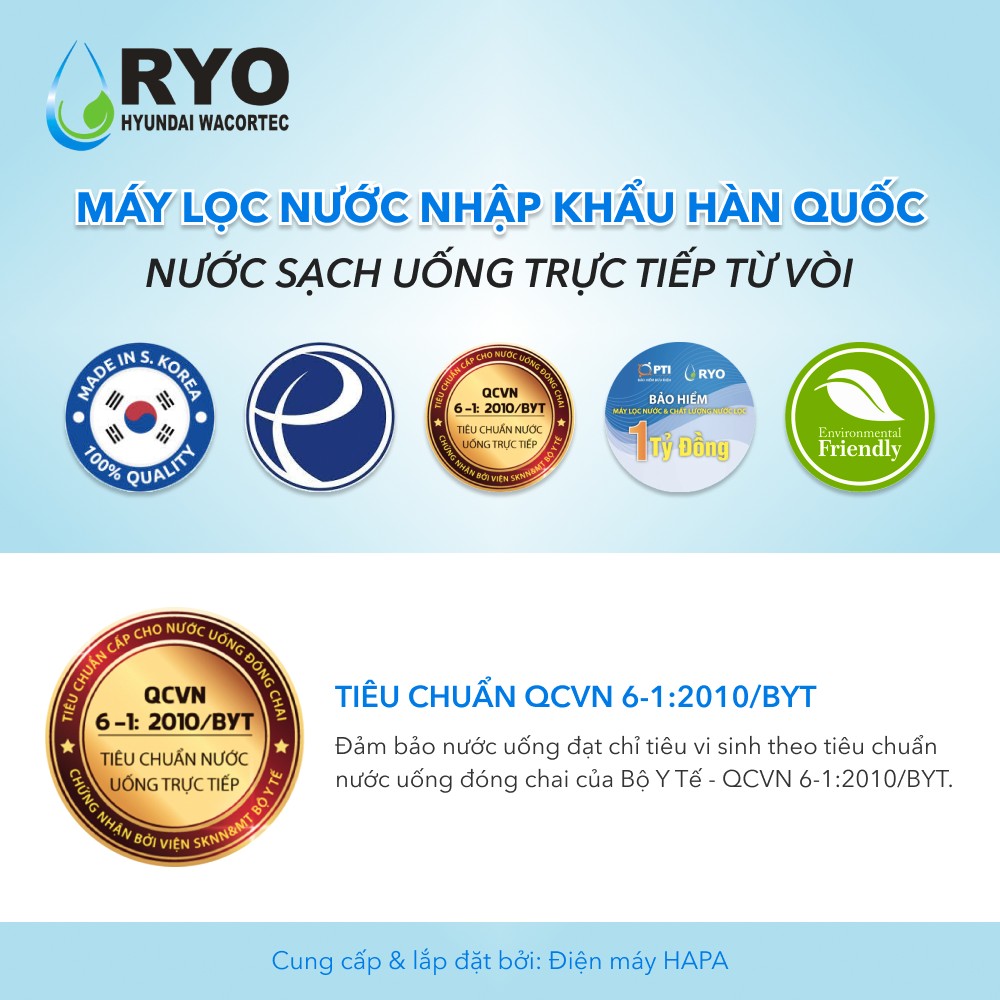 Máy Lọc Nước RYO Hyundai RP903 Chuẩn Nước Uống Trực Tiếp Công Nghệ RO 5 Cấp Lọc, Nhập Khẩu Hàn Quốc - Hàng Chính Hãng