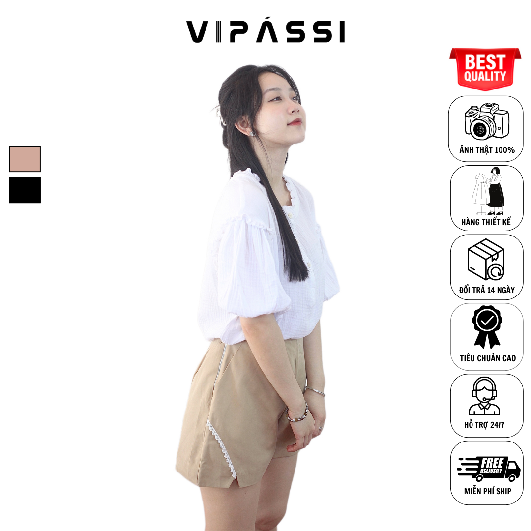 VIPÁSSI Quần Short Chữ A 2 Lớp Dây Kéo Sắt Xẻ Túi Kiểu Có Ren