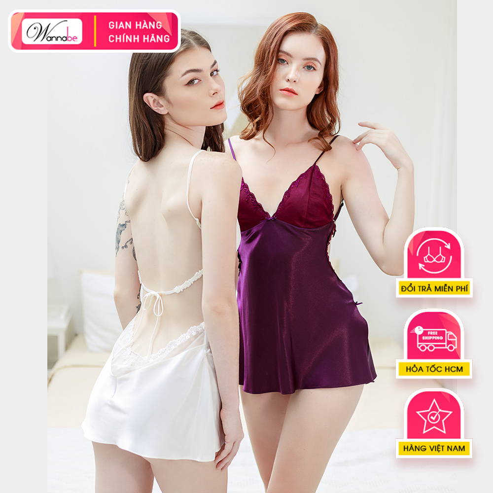 Đầm ngủ WANNABE DNS55 váy ngủ lụa dáng ngắn cut out lưng eo mông thắt nơ xinh phía sau rất sexy quyến rũ gợi cảm