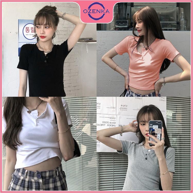 Áo croptop nữ cổ v tay ngắn , áo thun nữ crt ôm body thun gân 100% cotton freesize dưới 50 cân nhiều màu