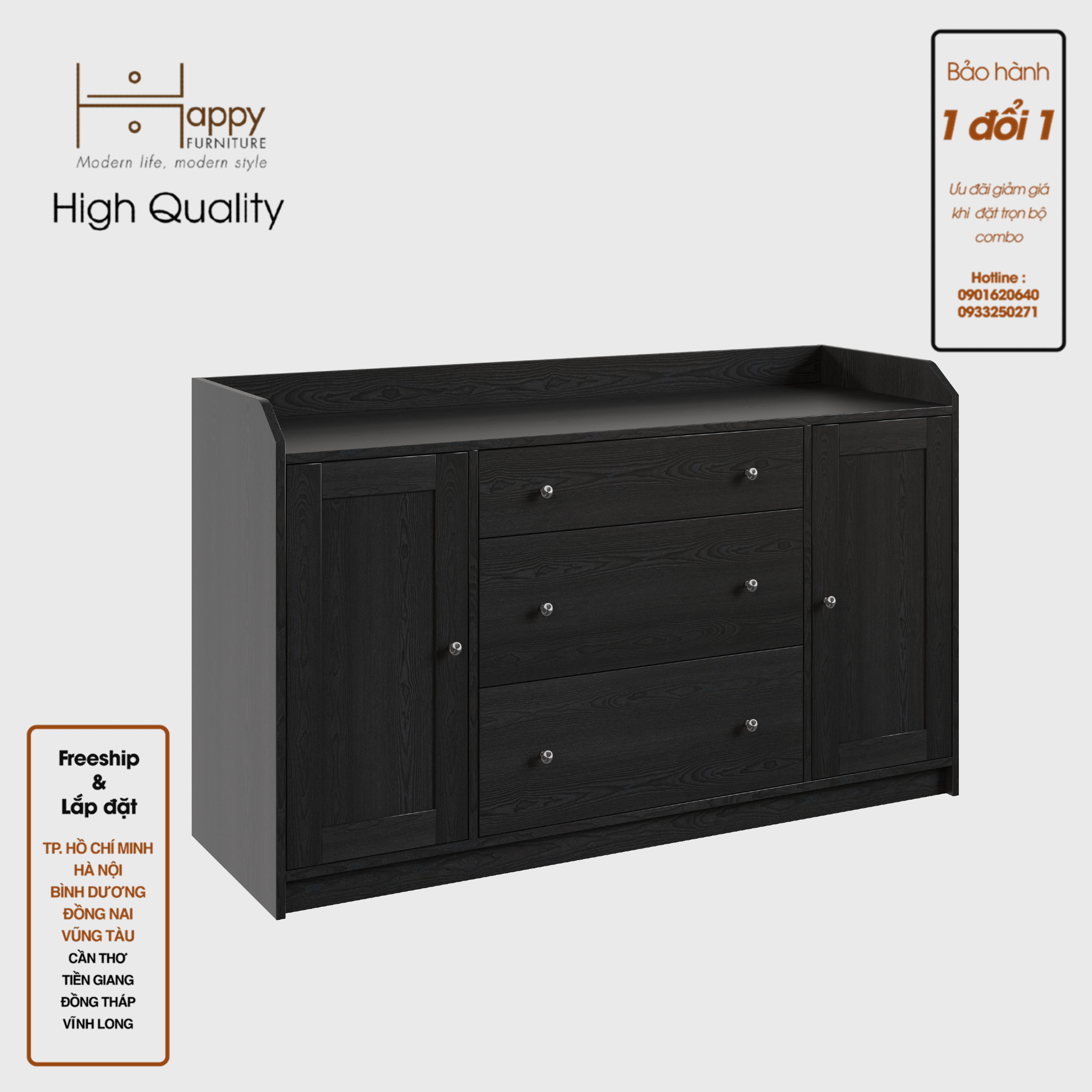 [Happy Home Furniture] CANA,  Tủ 2 cửa mở - 3 ngăn kéo ,  140cm x 46cm x 84cm ( DxRxC), THK_007