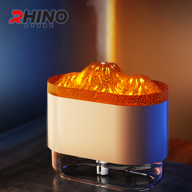 Máy phun sương tinh dầu tạo ẩm Rhino H307 hình núi lửa, dung tích 300ml tích hợp đèn - Hàng chính hãng