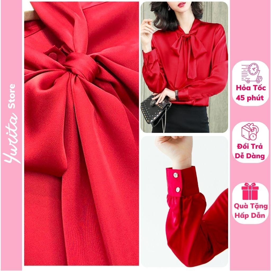 Áo Sơ Mi Kiểu Công Sở Đẹp YURITA Tay Dài Cổ Thắt Nơ Màu Đỏ Chất Lụa Cao Cấp From Rộng Hàn Quốc Ulzzang Vintage A1D
