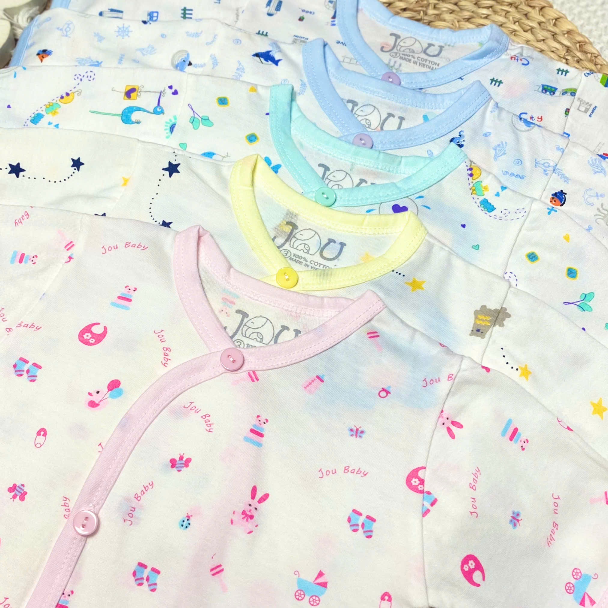 (J09TD) ÁO CÀI XÉO TAY DÀI HỌA TIẾT JOU cho bé 3-9kg - Size 2 (5-7kg)