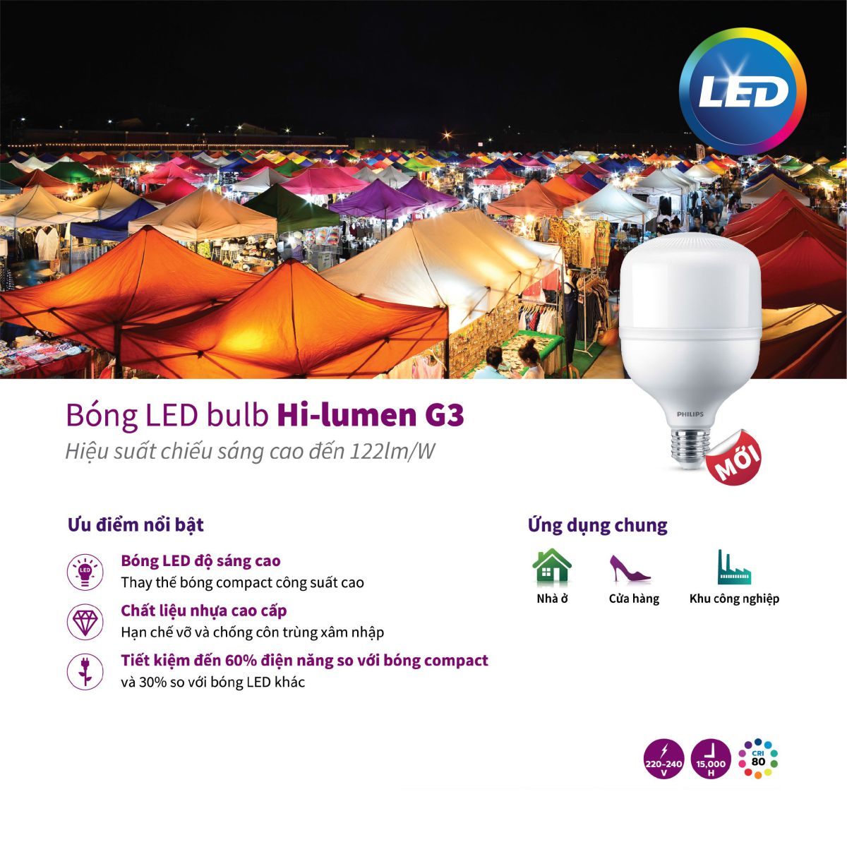 Bóng đèn LED trụ Hi-lumen G3 PHILIPS E27 - Độ sáng cao, tiết kiệm điện, chất lượng ánh sáng vượt trội - Hàng Chính Hãng