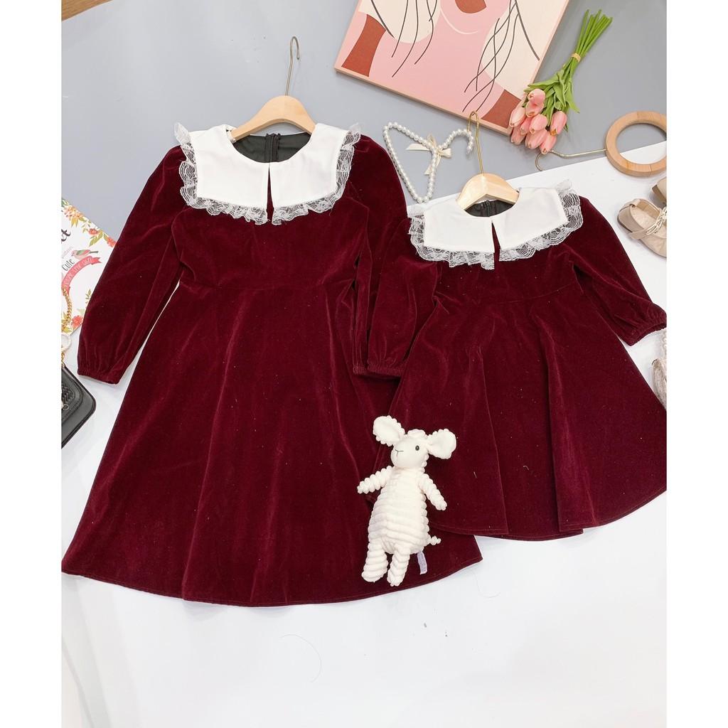 VÁY NHUNG ĐỎ CỔ TRẮNG MẸ CON
