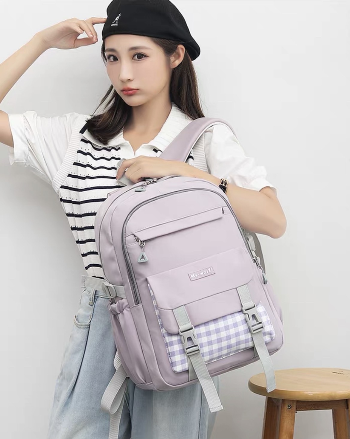 Balo đi học nữ ulzzang hàn nhật kẻ sọc caro đẹp cặp sách đen nữ hàn quốc balo thời trang sinh viên 3618