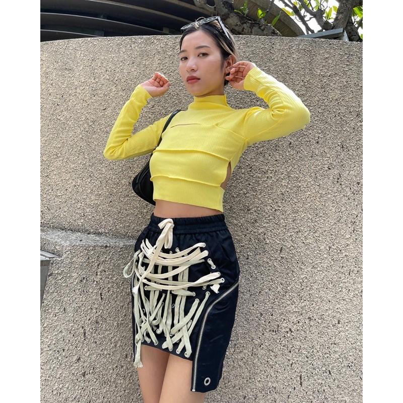 Áo dài tay Croptop - Áo thun nữ cổ lọ dài tay xẻ ngang ngực