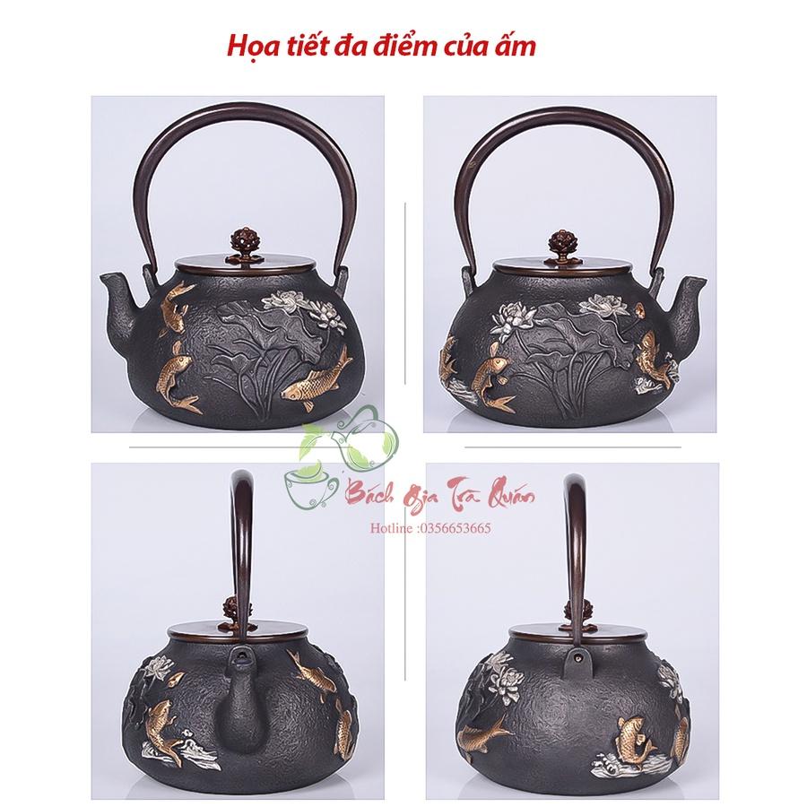 Ấm Gang Tetsubin - Quai Đồng - Họa Tiết Tam Ngư Cát Hạnh - Dung Tích 1200ml