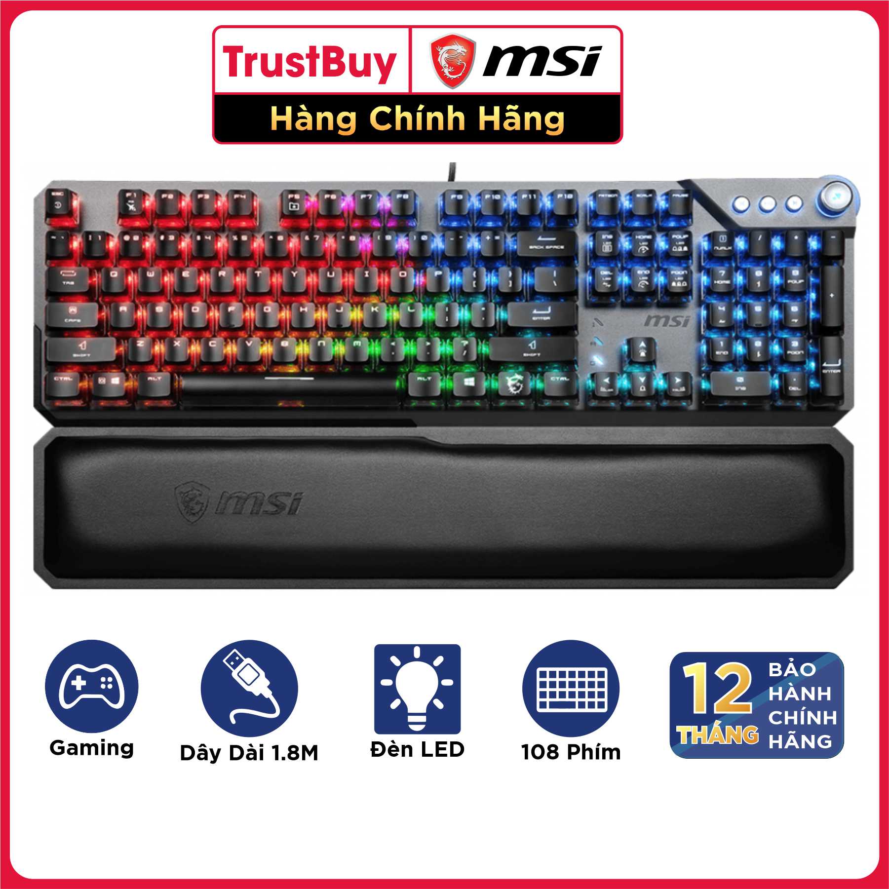 Bàn Phím Gaming Linear MSI Vigor GK71 SONIC Kèm Đệm Tay Cao Cấp, Đèn LED RGB, Dây Cắm USB Dài 1.8M - Hàng Chính Hãng