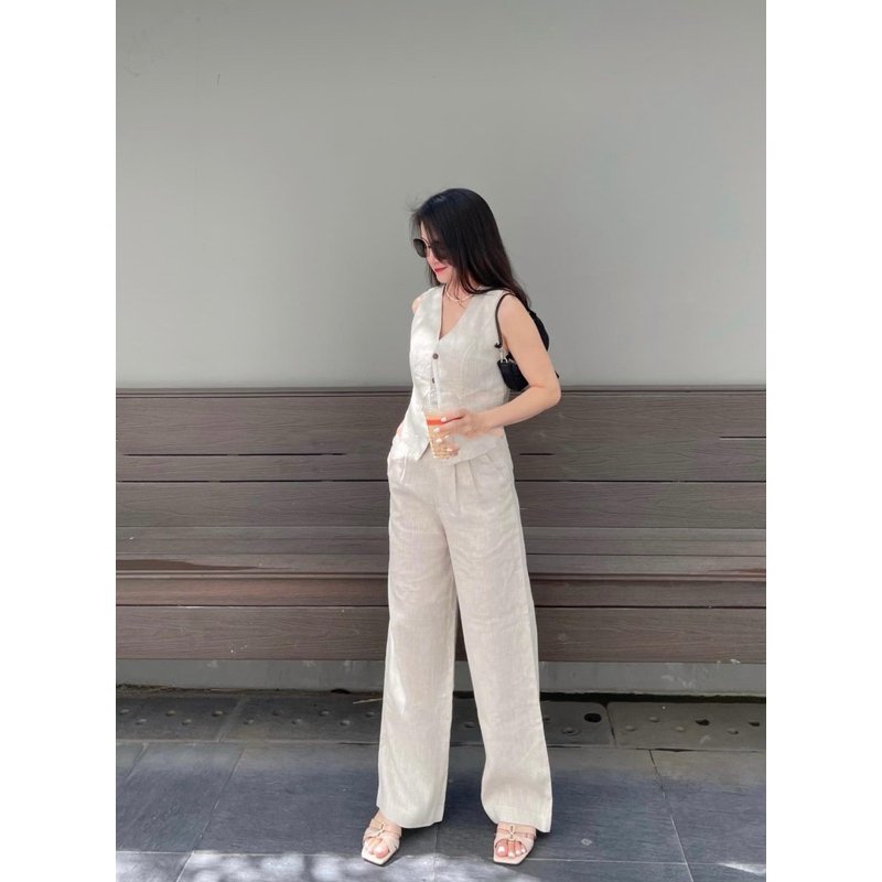 Set áo gile + quần ống rộng màu Muối Tiêu siêu tôn da vải linen cao cấp, form suông thanh lịch, sang trọng  Bv10