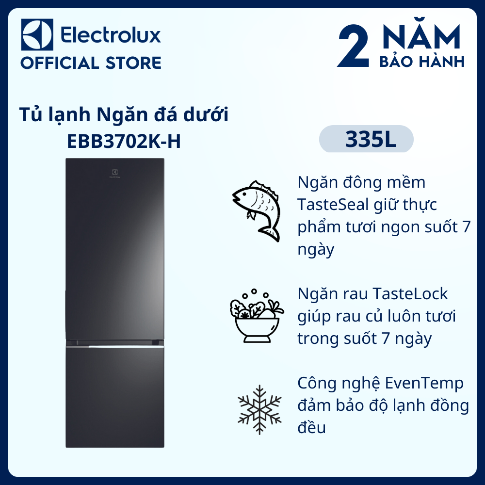 [Miễn phí giao hàng toàn quốc] Tủ lạnh Electrolux Inverter UltimateTaste 300 ngăn đá dưới có ngăn đông mềm 335 lít - EBB3702K-H - Đảm bảo độ lạnh đồng đều, khử mùi diệt khuẩn, khay đá xoay [Hàng chính hãng]