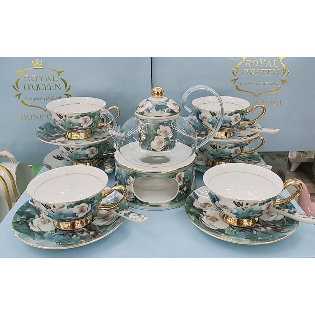 BỘ ẤM CHÉN SỨ XƯƠNG KÈM LÓT TÁCH + BẾP CHÂM TRÀ CHIM HOA XANH VIỀN VÀNG