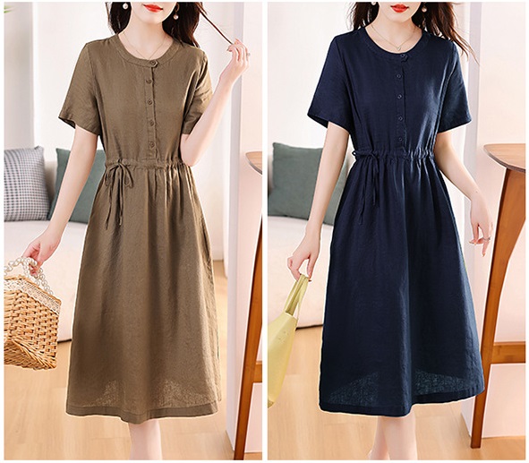 Đầm linen nữ trơn tay ngắn kết hợp phối cúc và rút eo , có nhiều màu dễ mặc đi chơi hay đi làm Da217