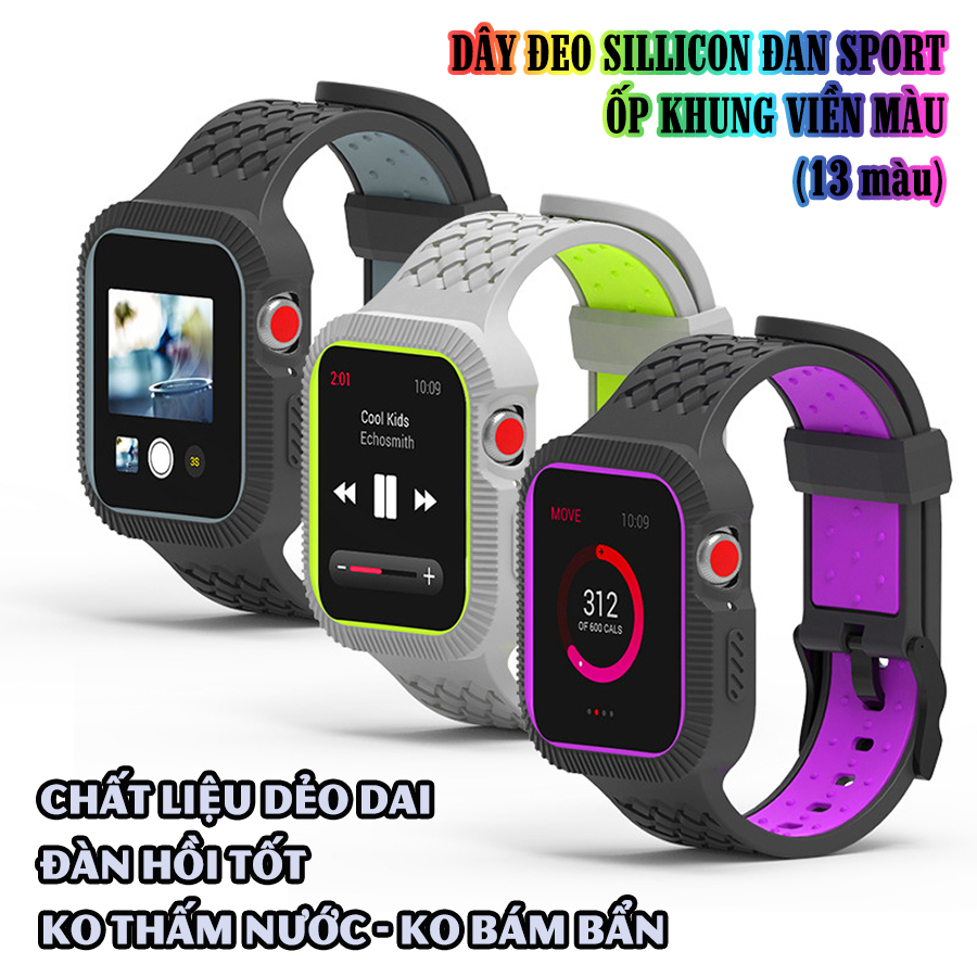 Dây Đeo liền ốp cho dành Apple Watch 7/6/5/4/3/2/1 size 38/40/41/42/44/45mm Đan Sport silicon khung viền màu - nhiều màu (tặng cường lực dẻo theo size)