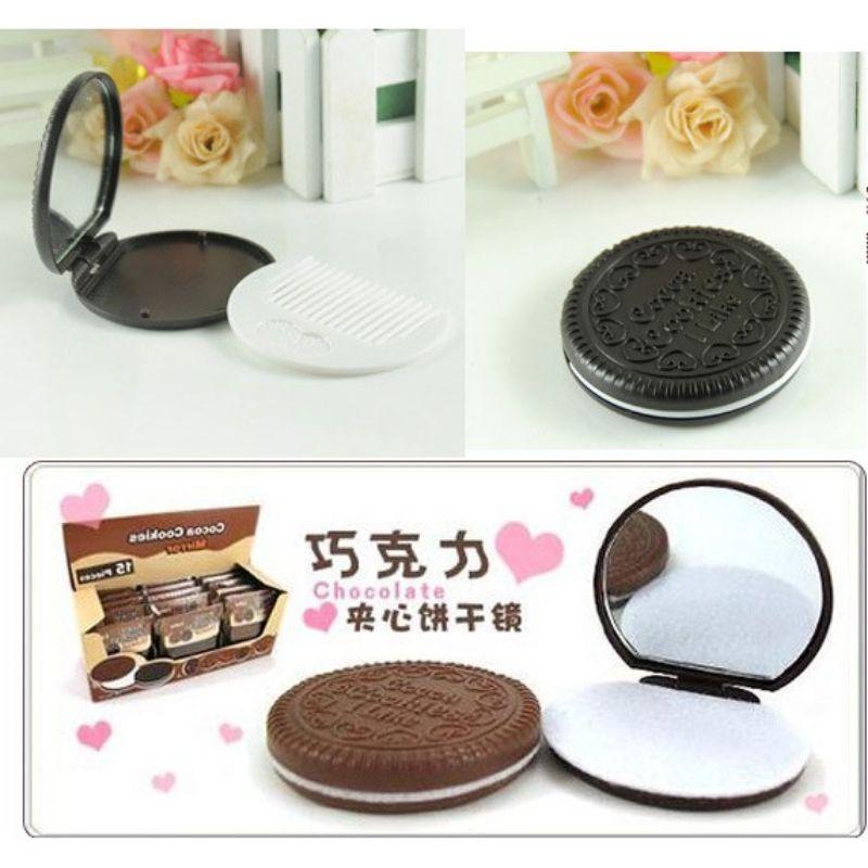 0Gương Mini Cầm Tay Trang Điểm Kèm Lược Hình Bánh Quy Cookies