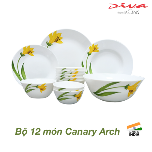 Bộ chén đĩa thủy tinh Diva Ivory Canary Arch 12 món, sang trọng