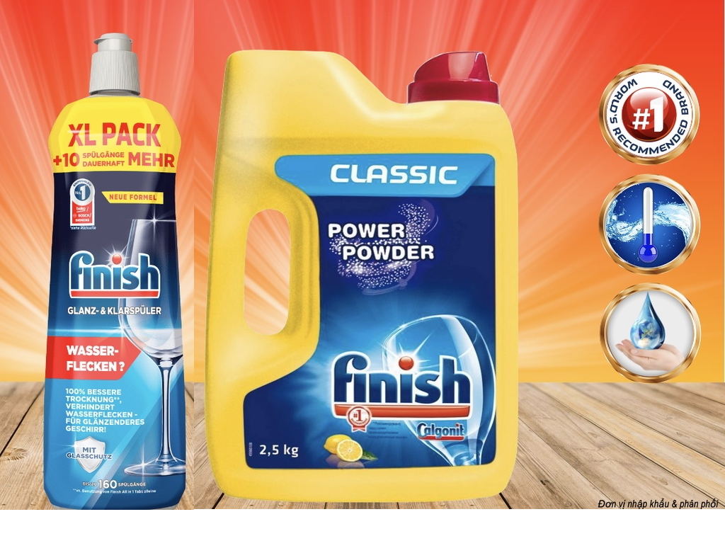 Combo bột rửa bát finish 2.5 kg và chai nước làm bóng bát  finish 800ml nhập khẩu chính hãng