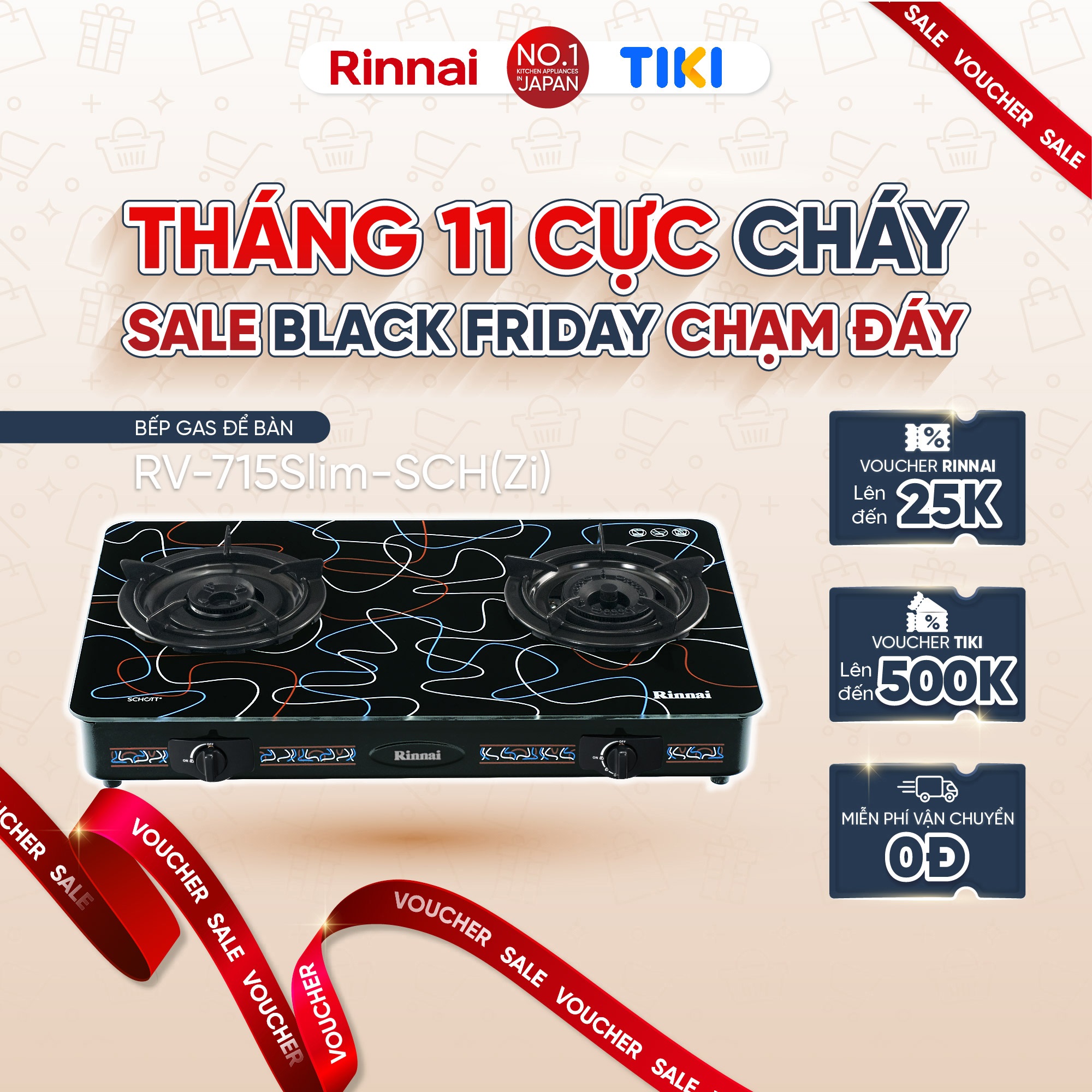 Bếp gas dương Rinnai RV-715Slim-SCH(Zi) mặt bếp kính SCHOTT và kiềng bếp men - Hàng chính hãng.