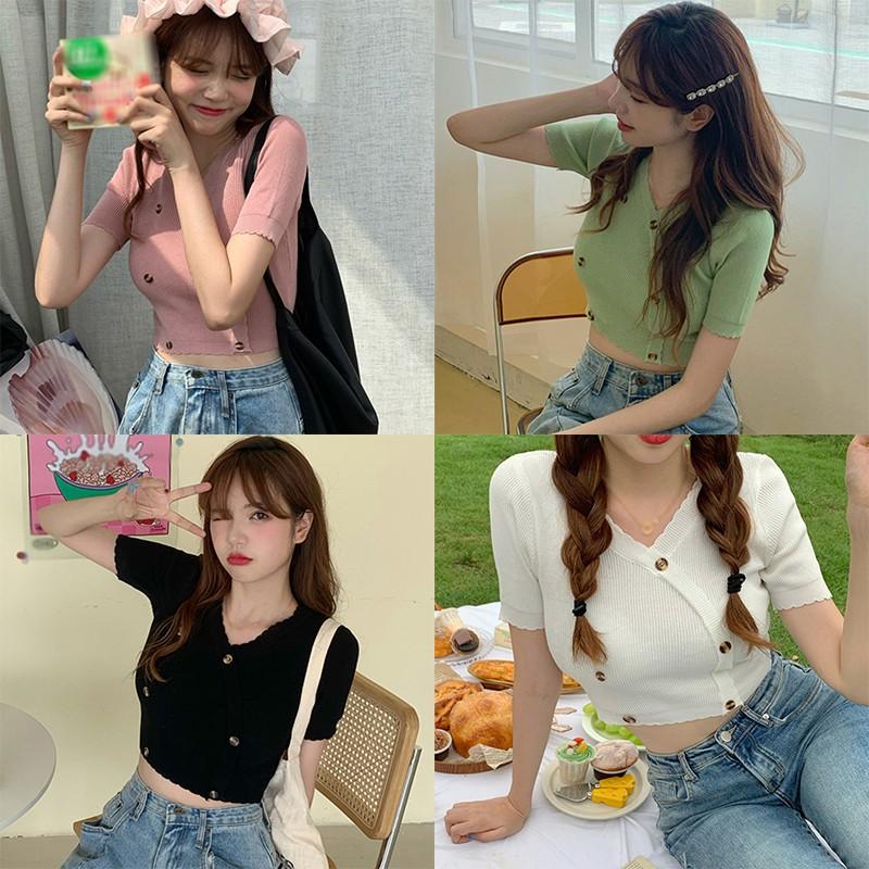 Áo Croptop Dệt Kim Tay Ngắn Cổ Chữ V Màu Trơn Thời Trang Cho Nữ