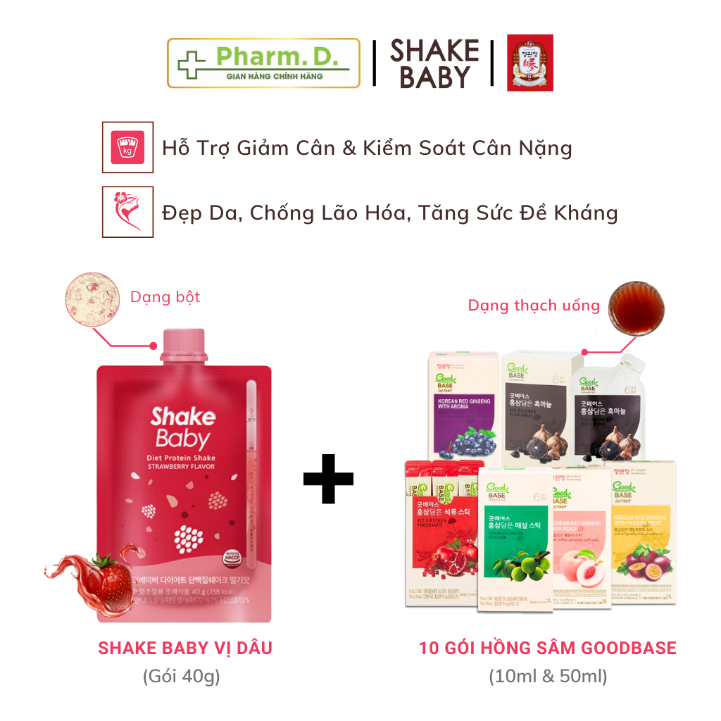 Combo Bột Ngũ Cốc SHAKE BABY 40g + 10 Gói Hồng Sâm Goodbase KGC Hỗ Trợ Giảm Cân, Làm Đẹp Da