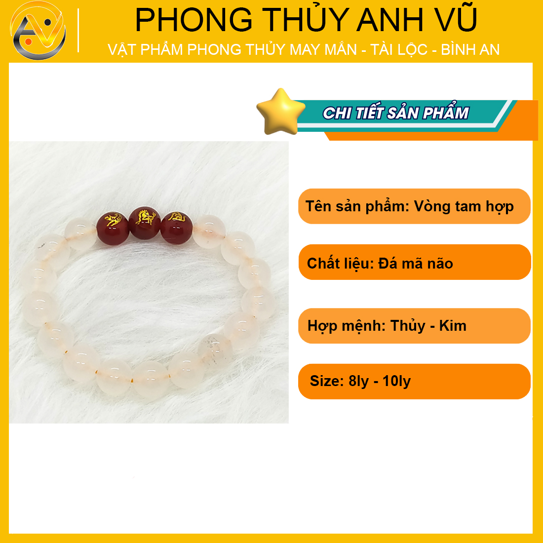 Vòng tay tam hợp dần ngọ tuất đá mã não trắng - Vòng đeo tay phong thủy cho nữ mệnh kim - May mắn tài lộc bình an