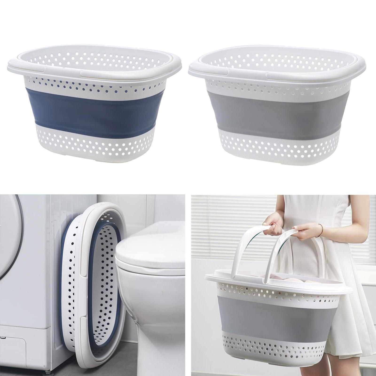Collapsible Laundry Drain Basket Large Storage Bin with Handles Blue