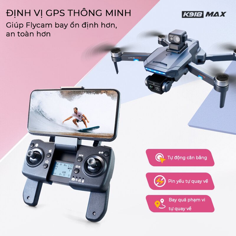 FLycam 4K, Flycam k998 pro max Bay xa 3000m, Máy bay điều khiển từ xa 4 cánh Cảm biến tránh va chạm 4 hướng, Động cơ không chổi than bền bỉ, Tự động bay về, định vị G.P.S - Hàng Chính Hãng