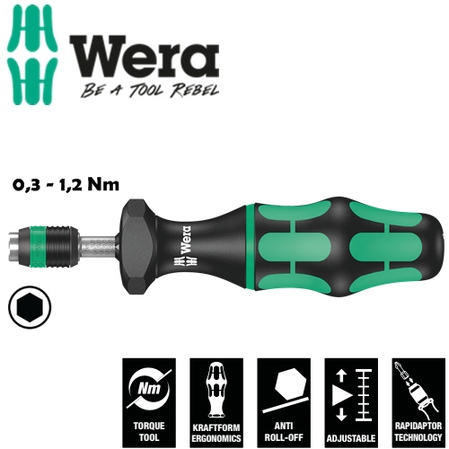 Tua vít cân chỉnh lực Wera 05074700001 7440 dải lực 0,3 - 1,2 Nm với đầu vào tháo lắp nhanh 1/4"