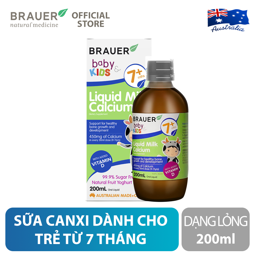 Canxi sữa và Vitamin D cho bé từ 7 tháng Brauer Liquid Milk Calcium Úc tăng chiều cao, phát triển xương, răng, ngủ ngon - Massel Official - 200ml/lọ