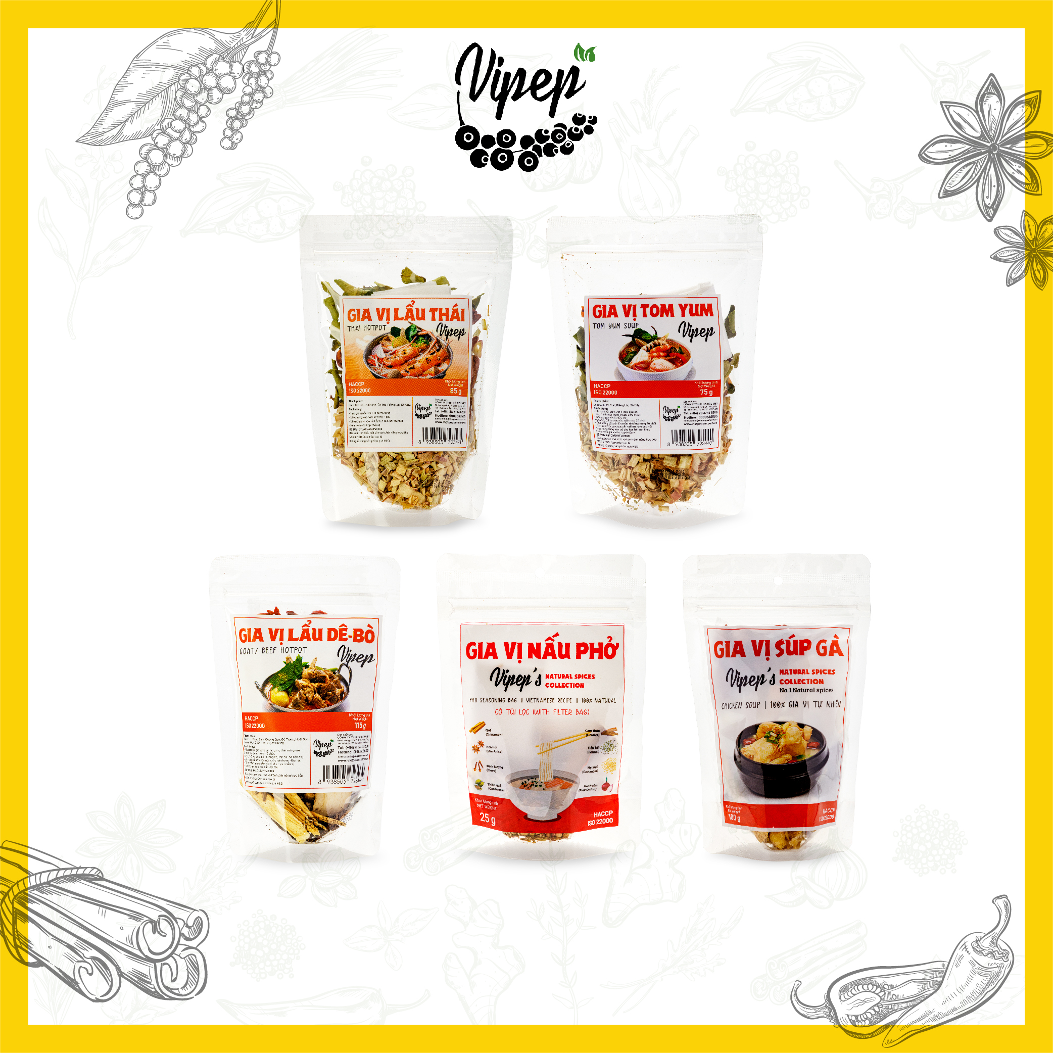 Combo 5 gói gia vị nấu phở - lẩu thái - Tomyum chuẩn Hadilao - bò/dê - súp gà - gà tiềm (Vipep)