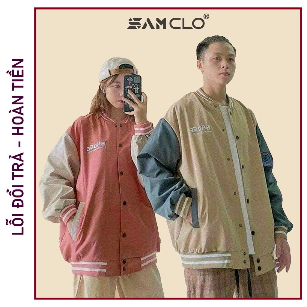 Áo khoác bomber vải dù 2 lớp nam nữ SAM CLO - Áo khoác gió phong cách bóng chày JACKET form rộng unisex thêu chữ BADGE