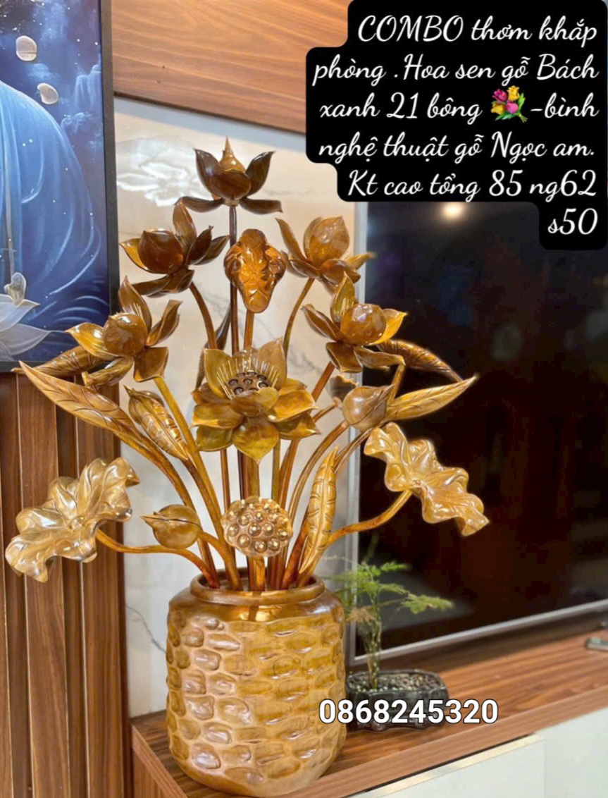1 bình hoa sen phong thủy trang trí phòng khách ,phòng thờ bằng gỗ ngọc âm thơm nức kt cao 85×62×50cm 