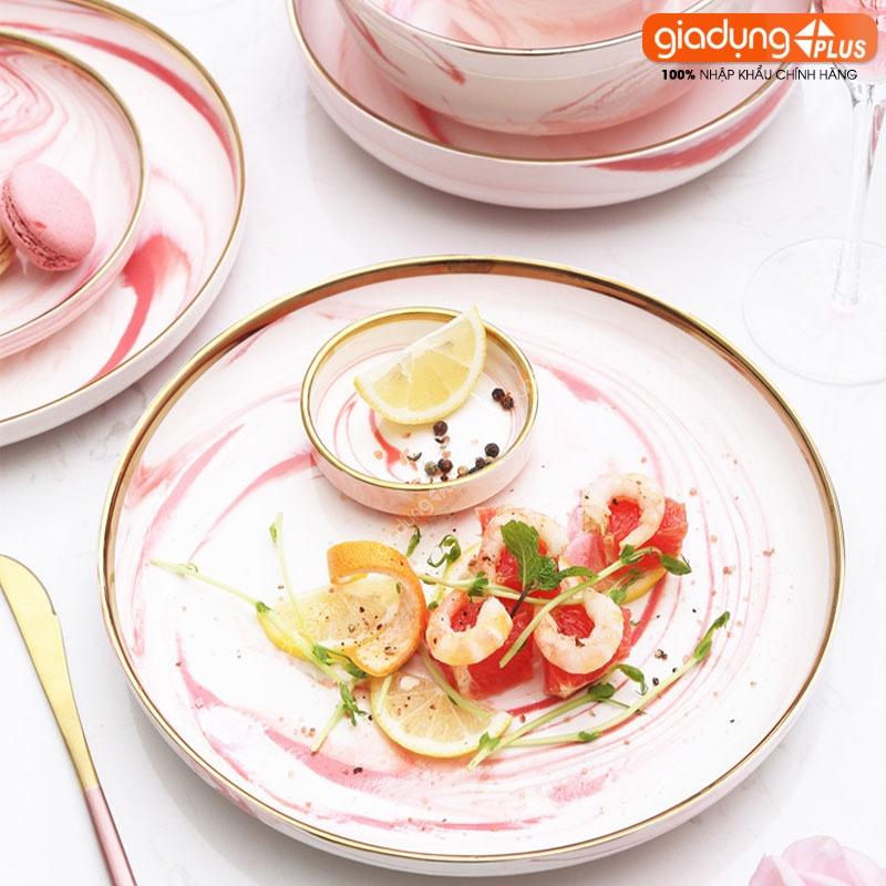 Set đồ ăn gồm chén, bát, tô, đĩa, muỗng bằng sứ vân đá (trắng, hồng) cao cấp theo phong cách Bắc Âu - Kèm hộp quà