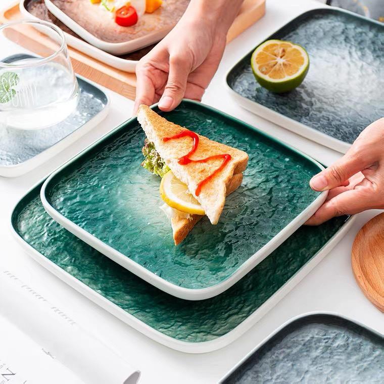 Đĩa sứ vuông vân đá chống xước phong cách Bắc Âu , sứ cao cấp không chì xuất khẩu
