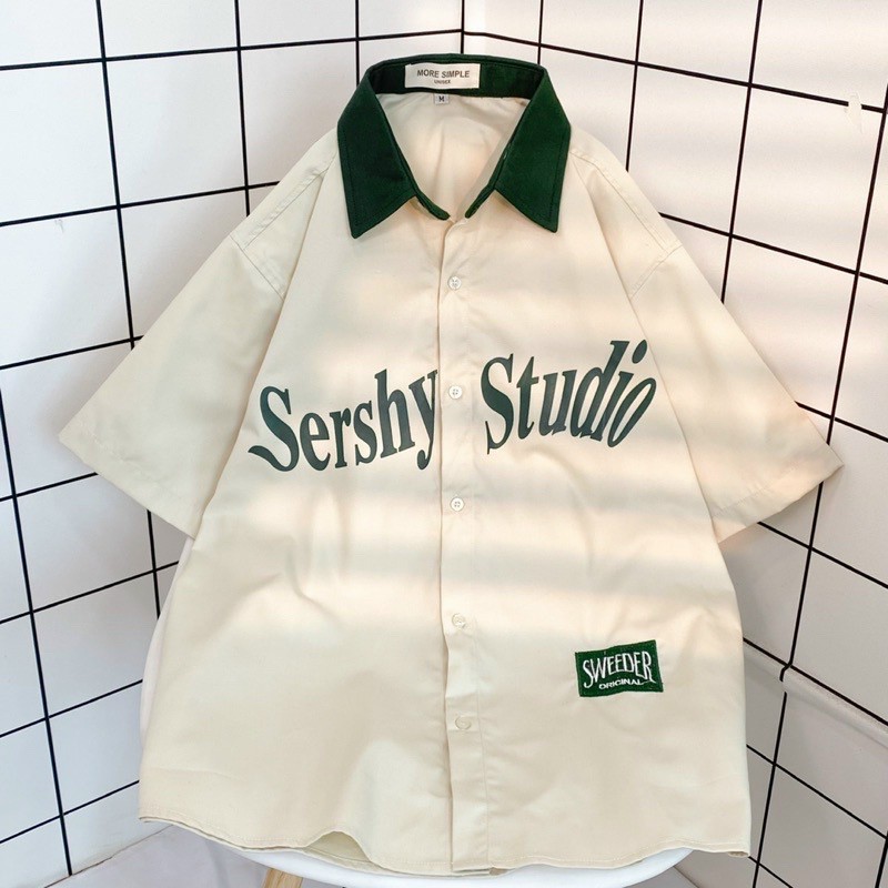 Áo khoác sơ mi kaki quốc dân CỔ BẺ logo in Sershy Studio có 2 màu xanh đen form rộng, form đẹp, áo flanl