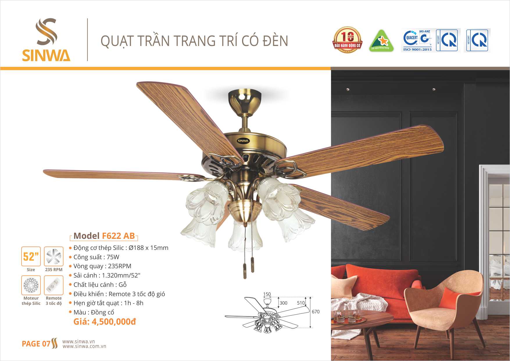 QUẠT TRẦN ĐÈN 52INH SINWA F622 AB (Hàng chính hãng)