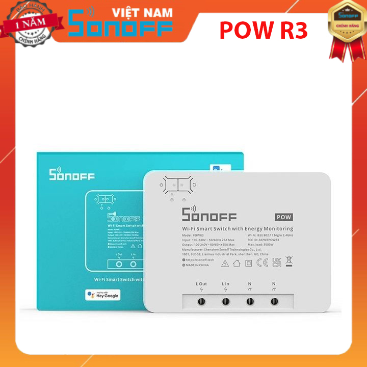 Công Tắc Thông Minh PowR3 Sonoff Công Suất Cao 25a / 5500w Điều Khiển Bằng Giọng Nói