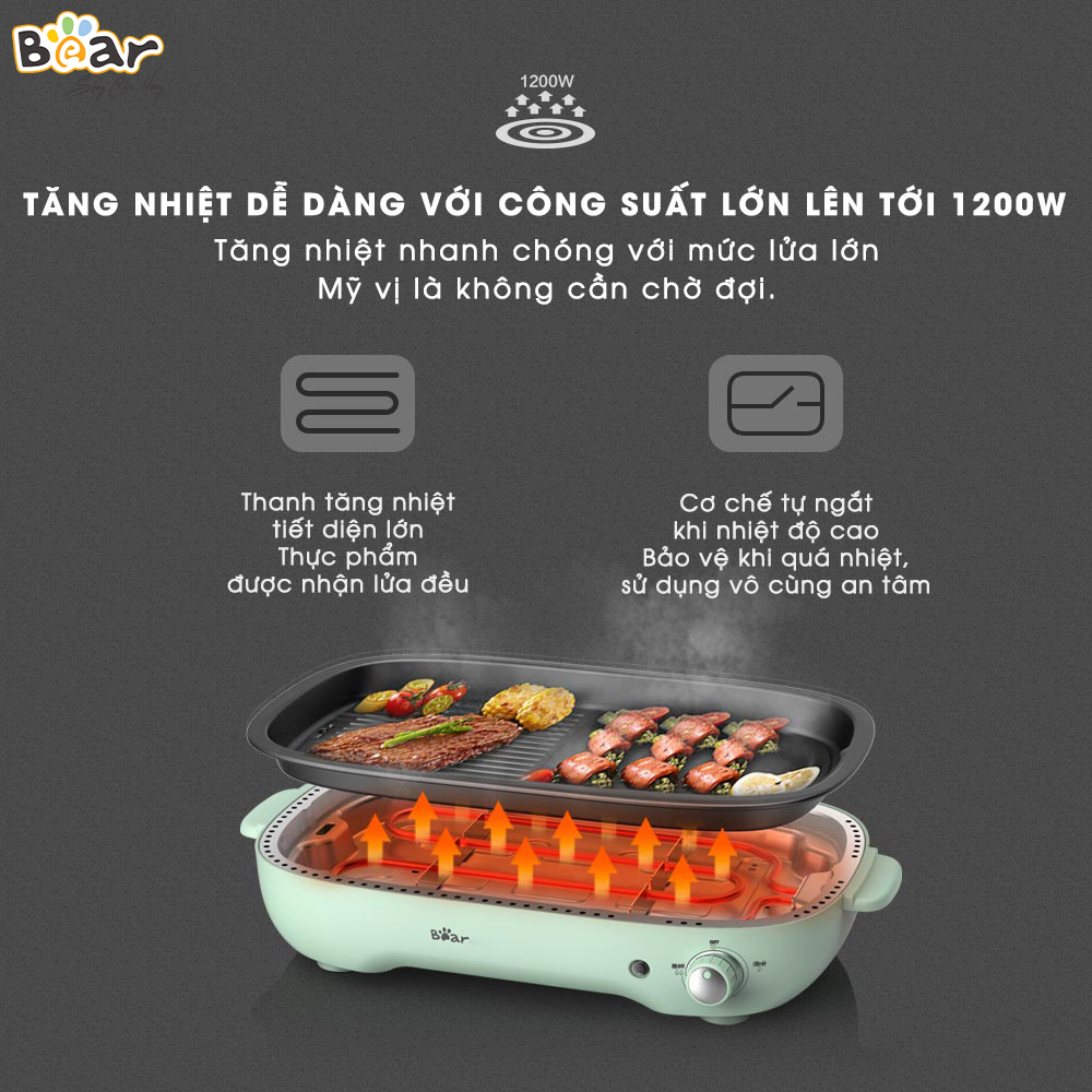 [Hàng Chính Hãng] Nồi Lẩu Nướng 3 Khay Đa Năng (3 in 1) Bear SUBE004, khay lẩu 4 lít, khay bánh 6 khuôn nhỏ tròn, khay nướng thịt với công suất 1200W, có thể tự điều chỉnh nhiệt độ và tăng nhiệt nhanh chóng với mức lửa lớn